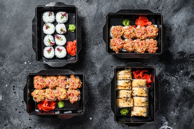 Sushi rolls in the delivery package, ordered in sushi take-out restaurant