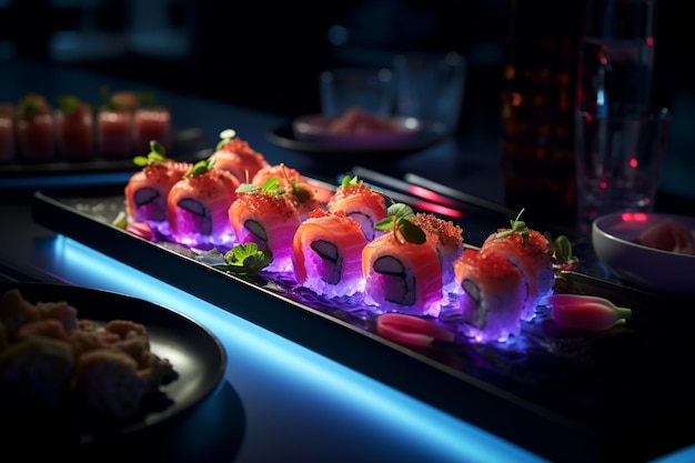 Photo sushi rolls displayed on black plate