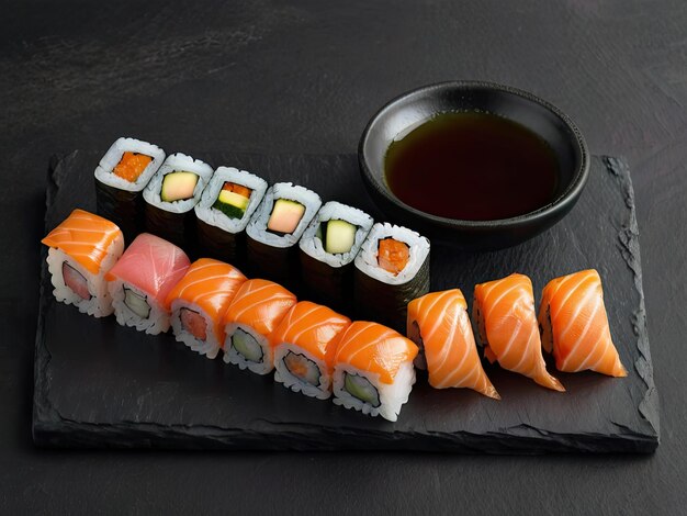 Sushi rolls displayed on a stylish black slate