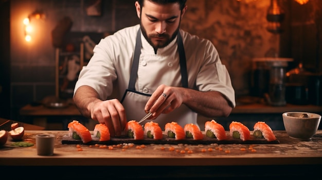 sushi rolls in the hands of a chef Generative AI