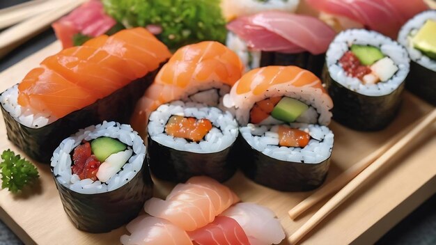 Sushi rolls maki nigiri salmon shrimps traditional japanese food