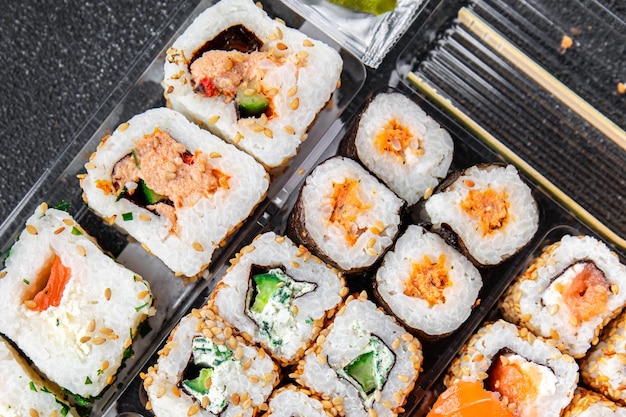 sushi rolls meal seafood food snack fast food on the table copy space food background rustic