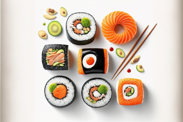 Sushi Rolls op een witte achtergrond met paling zalm avocado vliegende vis kaviaar en roomkaas binnen