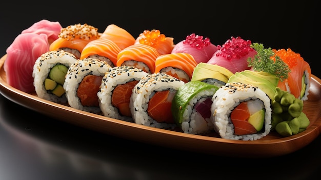 Суши-роллы на тарелке с черным фоном