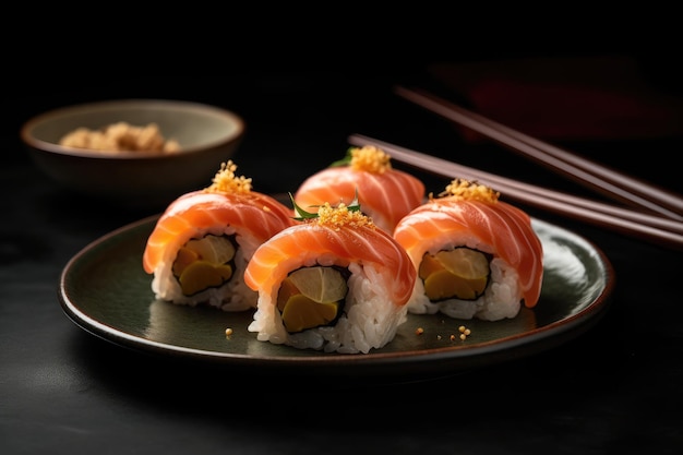 Sushi rolls on a plate with chopsticks