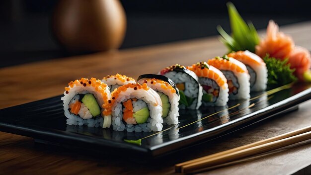 Sushi rolls presented on a sleek and modern serving platter