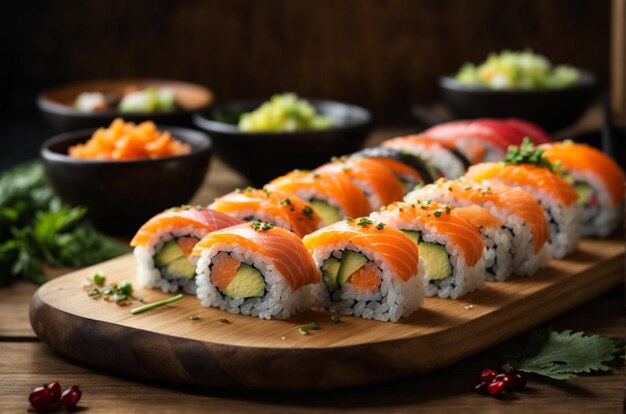 Sushi Rolls on Rustic Wooden Board