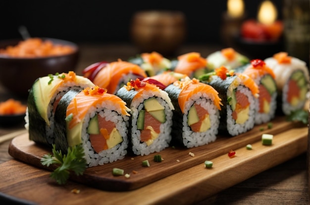 Sushi Rolls on Rustic Wooden Board