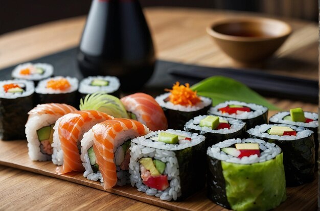 Sushi rolls served with Japanese sake