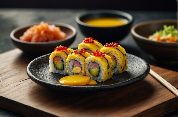 Sushi rolls served with Japanesestyle omelette