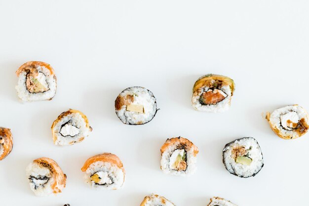 Sushi Rolls Set maki philadelphia and california rolls on a white background