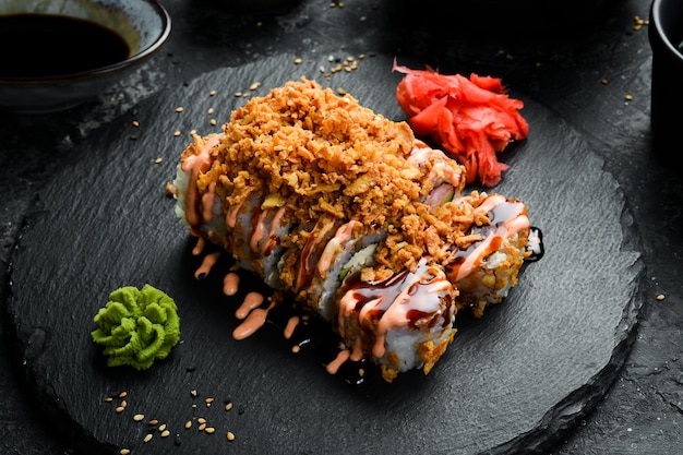 Sushi rolls on a stone plate Closeup Japanese food