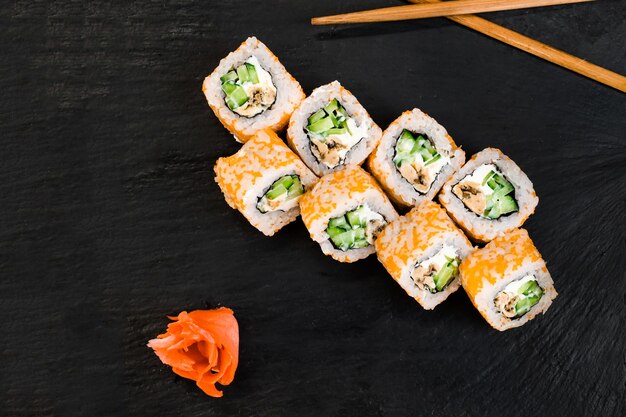 Sushi rolls on table