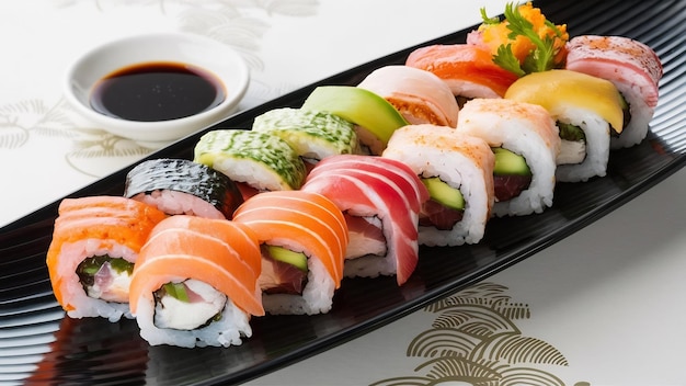 Sushi rolls varieties in black plate with soy sauce