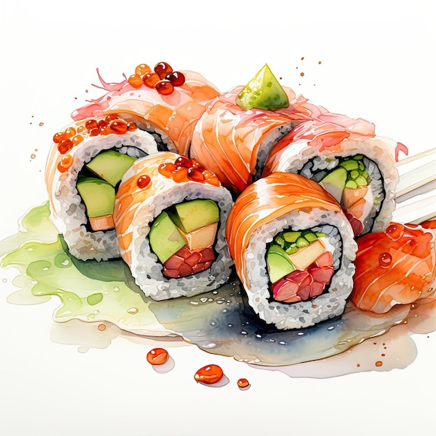 Sushi rolls watercolor illustration of traditional japanese food