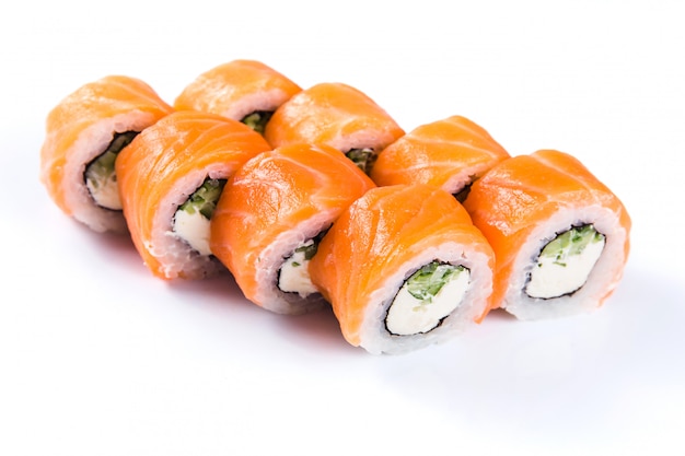 Sushi rolls on white background isolated. Traditional Japanese cuisine