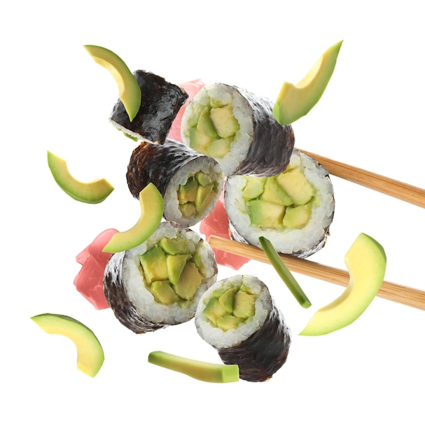 Sushi rolls with avocado and ingredients on white background