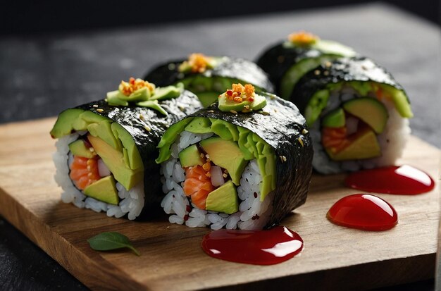 Sushi Rolls with Avocado Rose Decoration