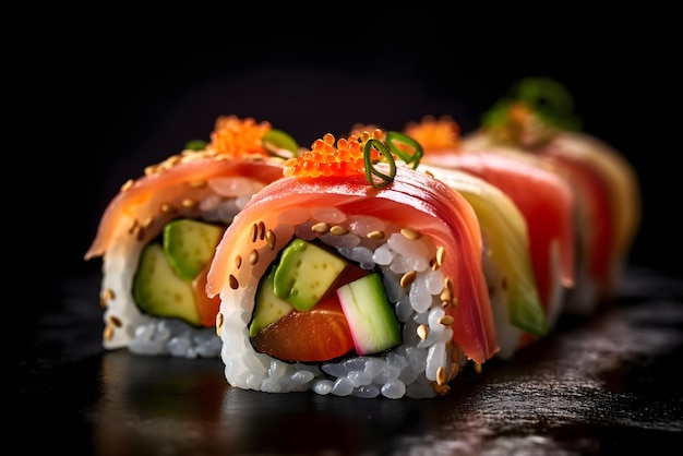 Sushi rolls with a piece of sushi on top of them.