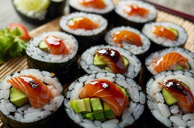 Photo sushi rolls with ponzu sauce drizzle