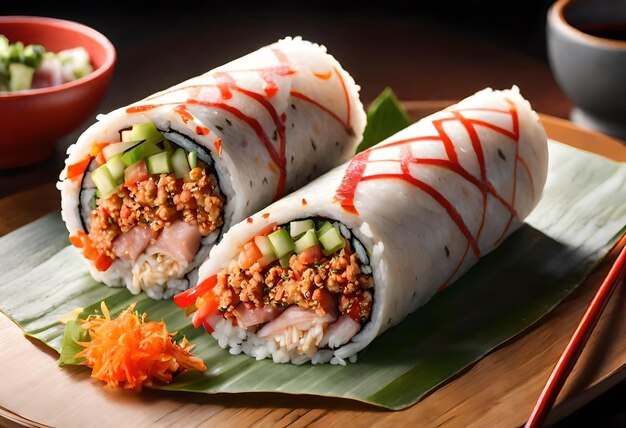 Photo a sushi rolls with a red sauce on it