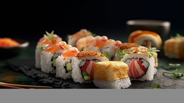 Sushi Rolls with Rice Fish and Soy Sauce on a Dark Stone Background