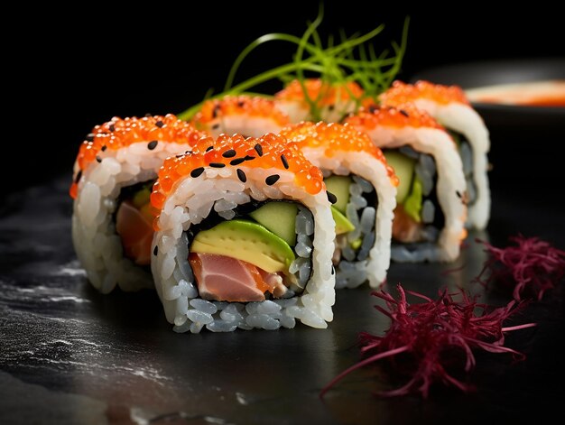 Sushi rolls with salmon avocado and rice on a black background generate ai