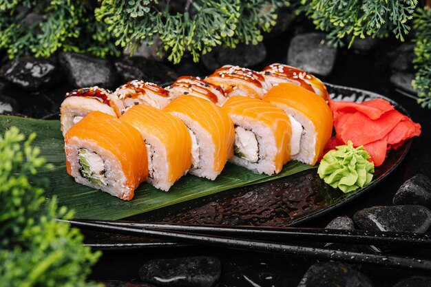 Sushi rolls with salmon and eel