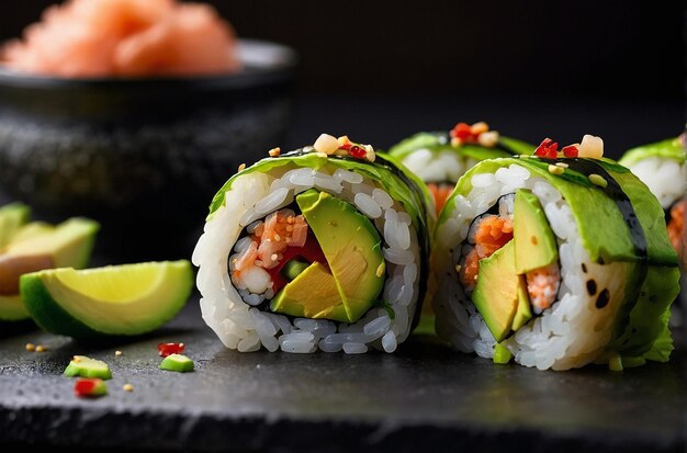 Sushi Rolls with Sliced Avocado and Pickled Ginger