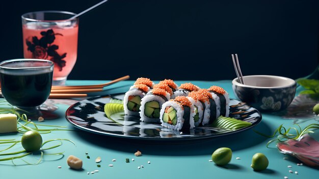 Sushi rolls with soy sauce and wasabi on a clean backdrop