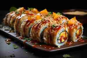 Photo sushi rolls with tamari sauce