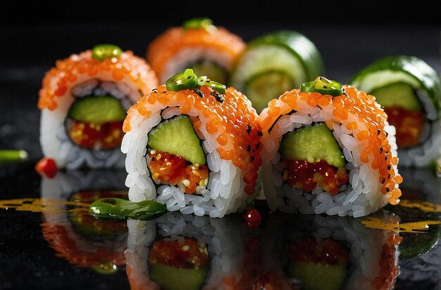 Sushi Rolls with Tobiko and Sliced Jalapeno Garnish