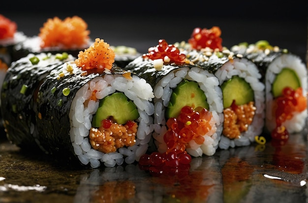 Sushi Rolls with Tobiko and Sliced Jalapeno Garnish