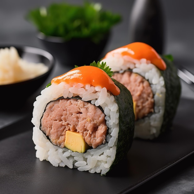 Sushi rolls with a tuna on top of it