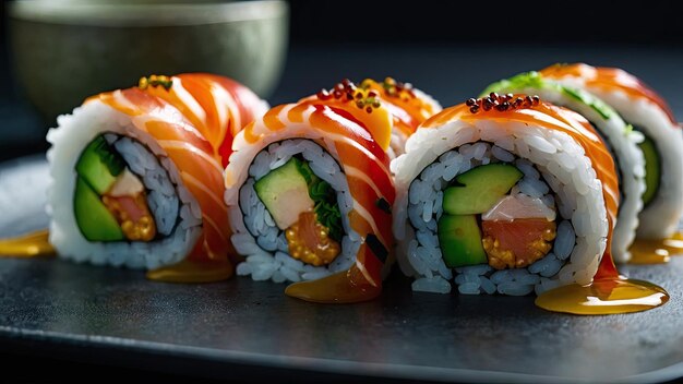 Sushi rolls with unique and artistic garnishes