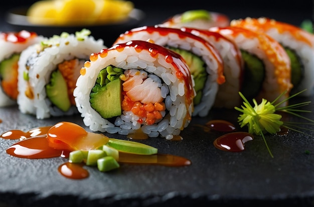 Photo sushi rolls with yuzu ponzu sauce