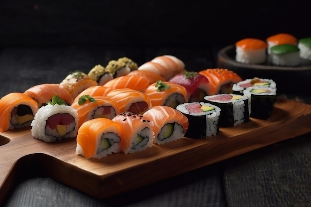 Sushi and rolls on a wooden board Closeup of sushi and rolls Generative AI