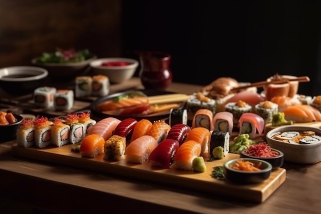 Sushi and rolls on a wooden board serving in a cafe or restaurant Generative AI