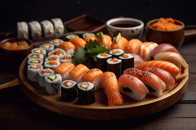 Sushi and rolls on a wooden board serving in a cafe or restaurant Generative AI