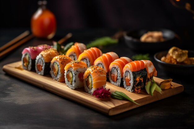 Sushi rolls on wooden board