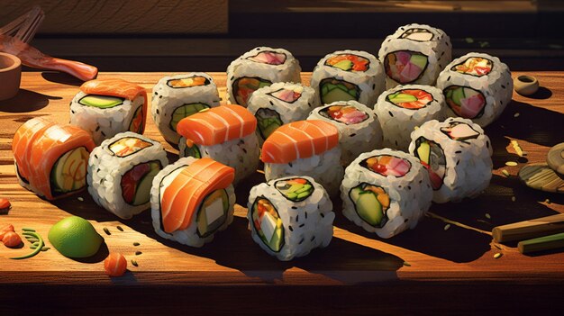 Sushi rolls on wooden board