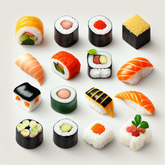 Sushi rolt collectie met verse rauwe op witte achtergrond gemaakt met generatieve ai-technologie