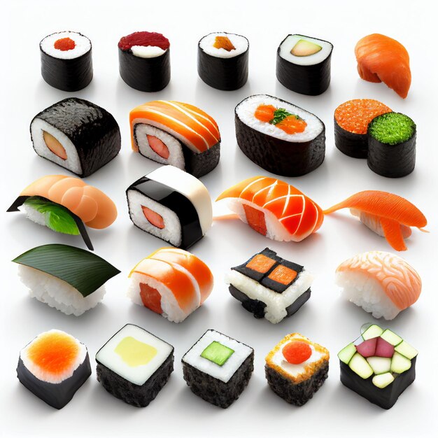 Foto sushi rolt collectie met verse rauwe op witte achtergrond gemaakt met generatieve ai-technologie