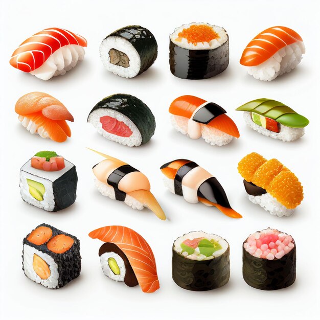 Foto sushi rolt collectie met verse rauwe op witte achtergrond gemaakt met generatieve ai-technologie