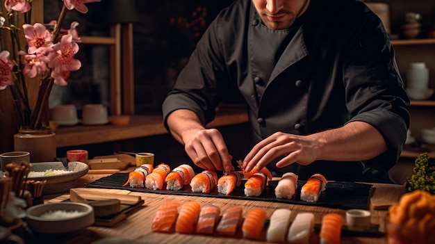 sushi rolt in de handen van een chef Generatieve AI