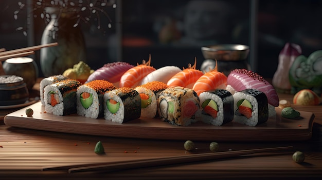 Sushi rolt in een warme en uitnodigende omgeving geïsoleerd op een gezellige achtergrond Ai gegenereerd