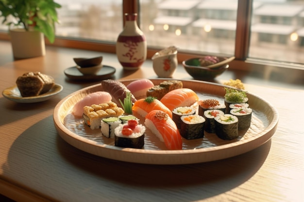 Sushi rolt op een houten tafel AI gegenereerd