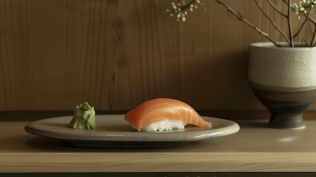 Sushi salmon and Shoyu on a teble elegant display minimal style