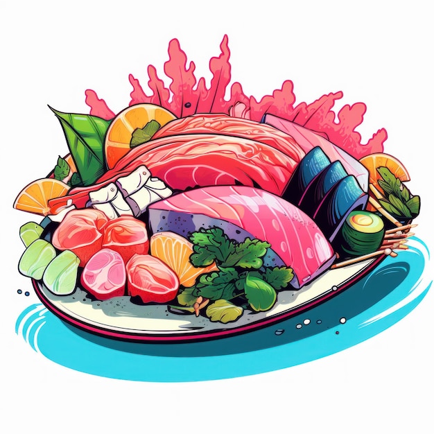 Sushi sashimi platter in an art style