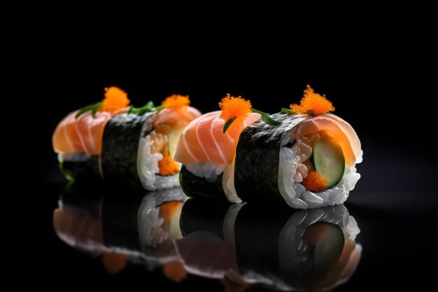 Photo sushi served on black background with reflection